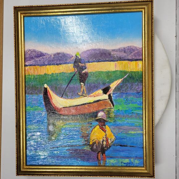 Vintage Boat Fisherman Oil Painting Canvas Framed Art Hanging Decor Signed - Picture 14 of 16